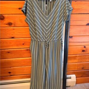 Olive Green and Cream Striped V-Neck Short Sleeve Jumpsuit